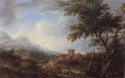 An extensive river landscape with drovers and travellers before a hill-top town unknow artist